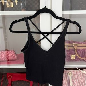Vuori Black Ribbed Cross-Back V-Neck Crop Tank